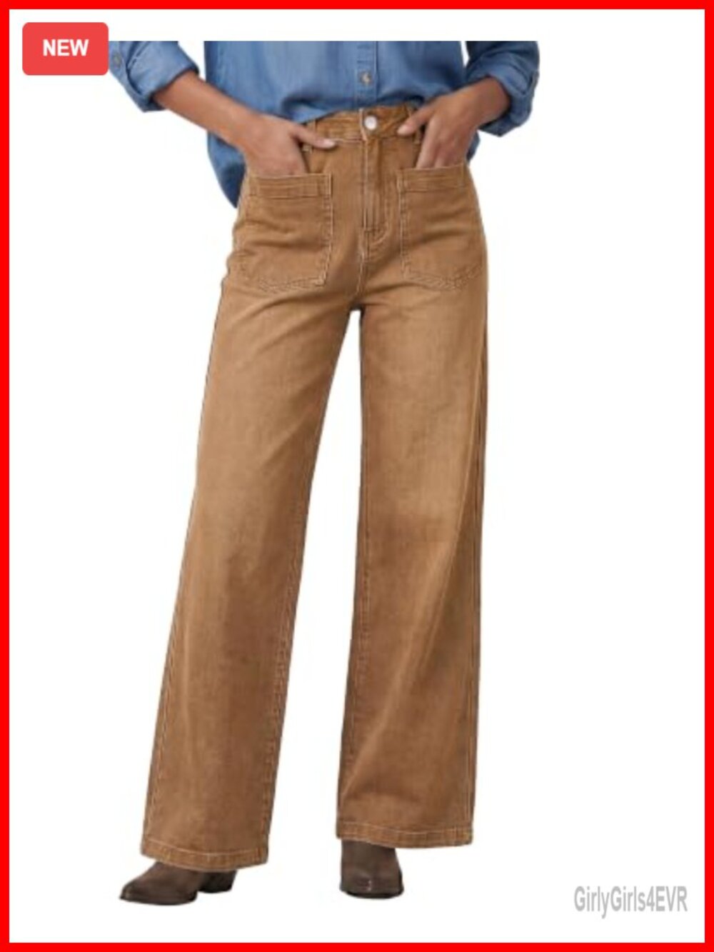 Wide Leg Jeans High Waisted Stretch Denim Patch Pocket 29.5" Inseam
